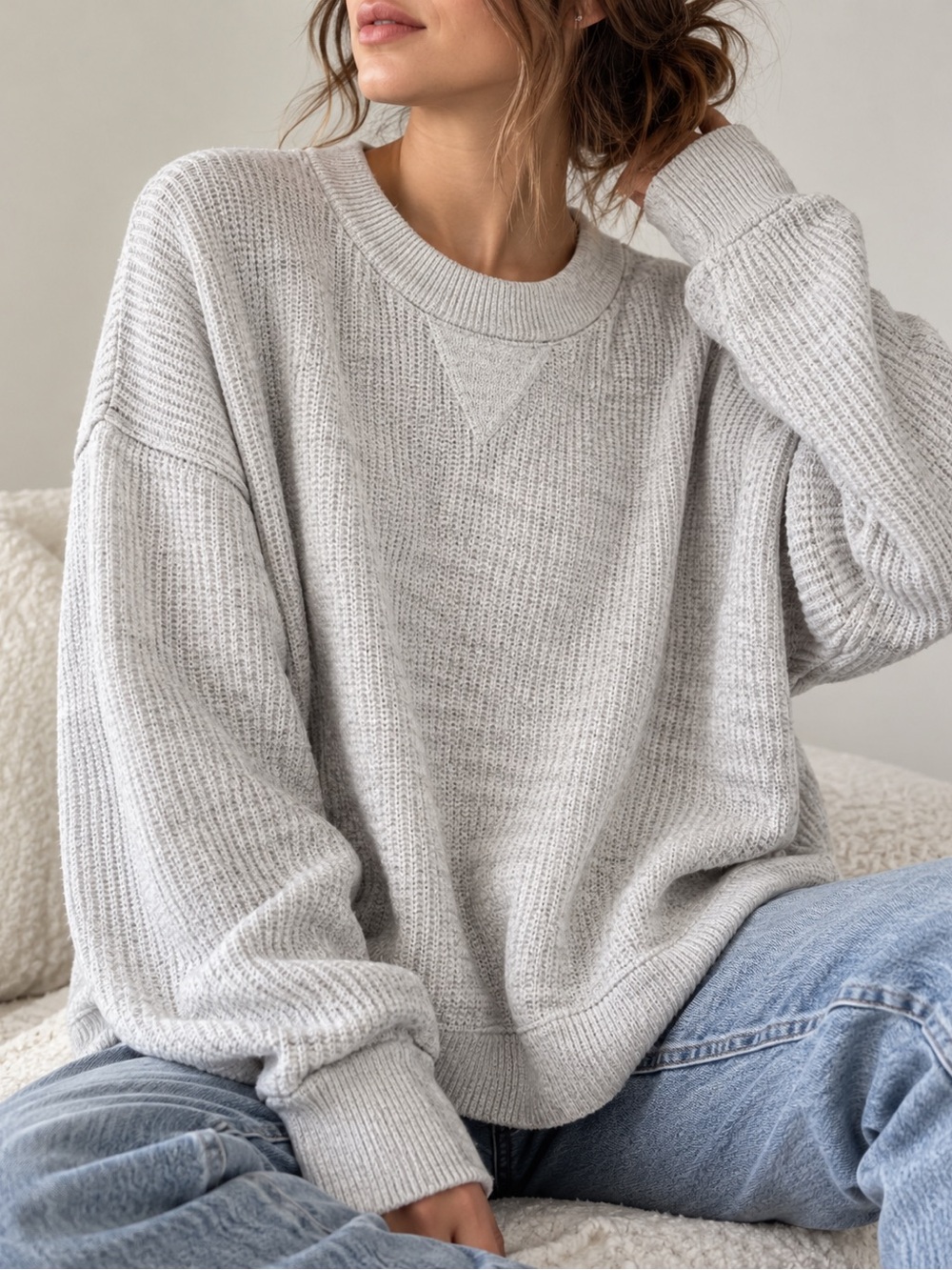 Aerie Grey Oversized Cotton Blend Knit Sweater Relaxed Cozy Pullover M